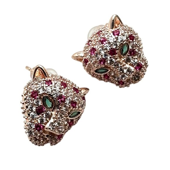 Womens Earrings Pierced Jaguar Rose Gold Tone Pink And Clear Crystal - Picture 2 of 4